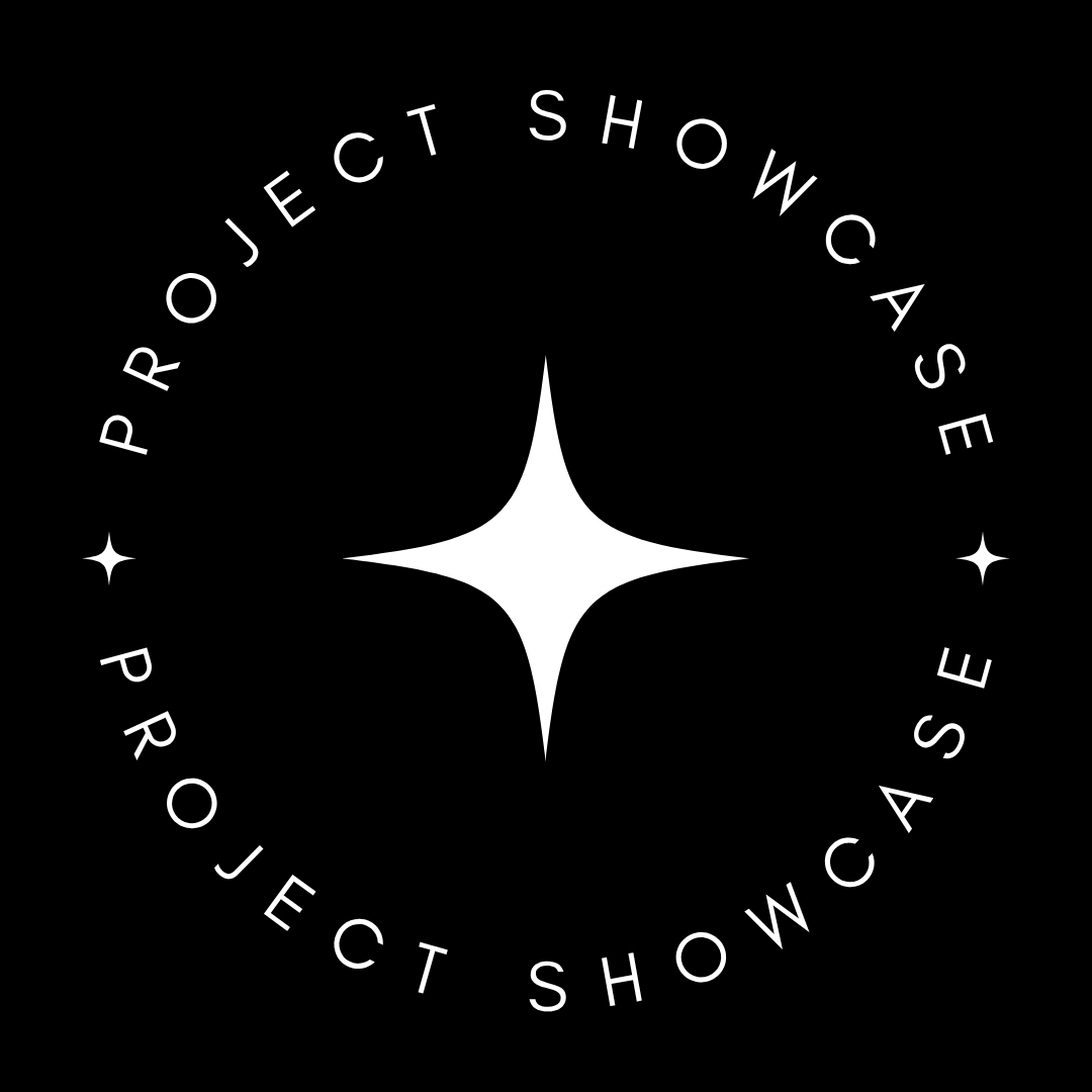 weisser text"projekt-showcase" im kreis auf schwarzen background